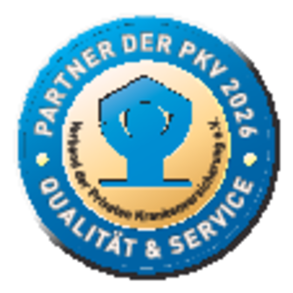 Siegel mit Text 'Partner der PKV 2023 Qualität & Service' und Logo des Verbands der Privaten Krankenversicherung e.V.
