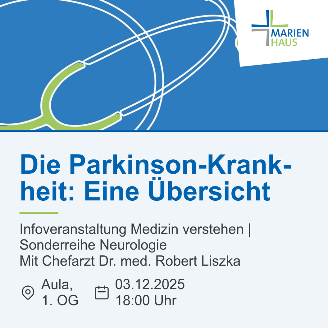 Informationsveranstaltung zu Parkinson mit Titel, Datum, Uhrzeit, Ort und Referent auf blau-weißem Hintergrund mit Marienhaus-Logo