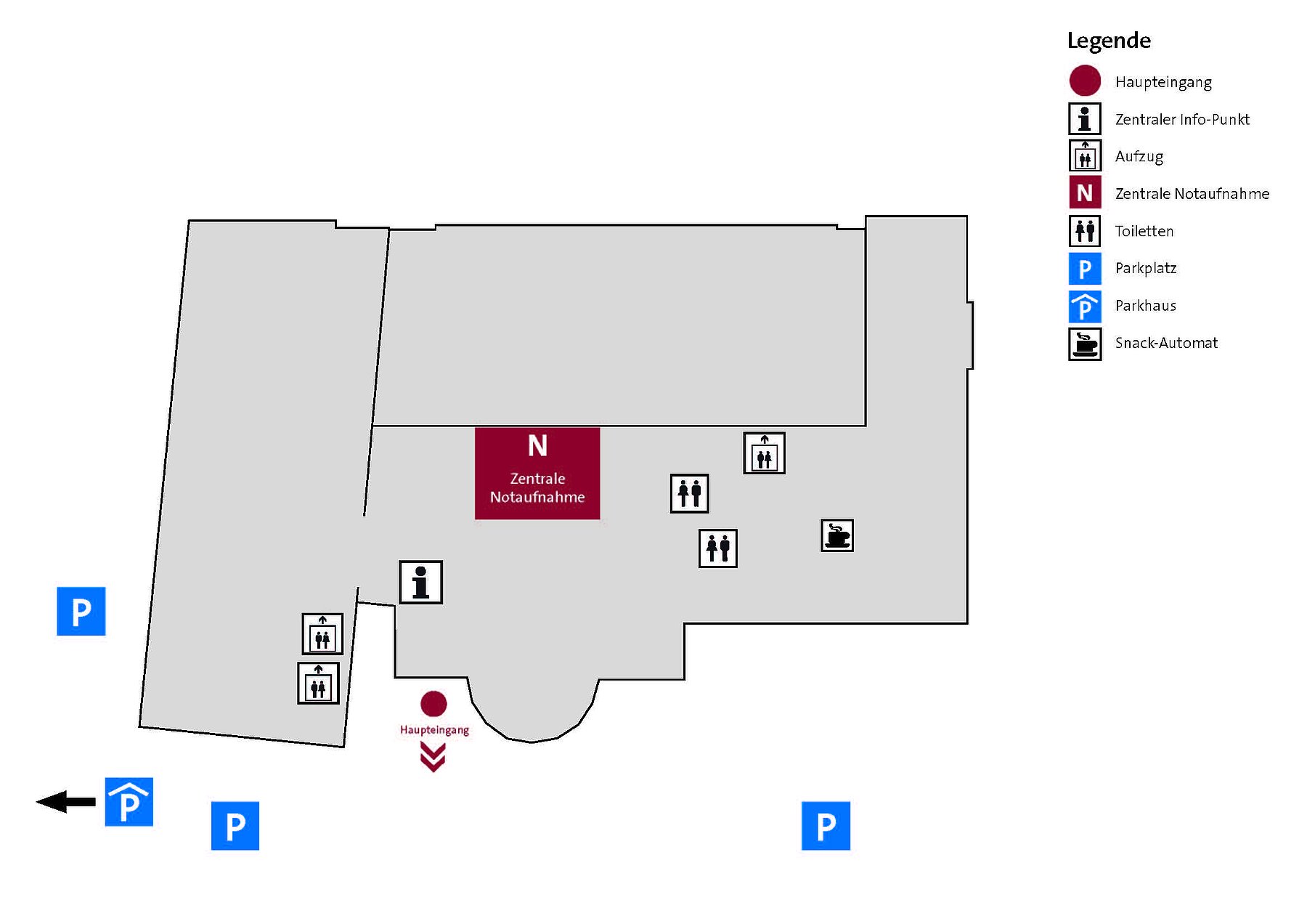 Schwarz-weiße Gebäudegrundrissgrafik mit markierter zentraler Notaufnahme, Haupteingang, Aufzug, Toiletten, Parkplätzen, Parkhaus und Snack-Automat