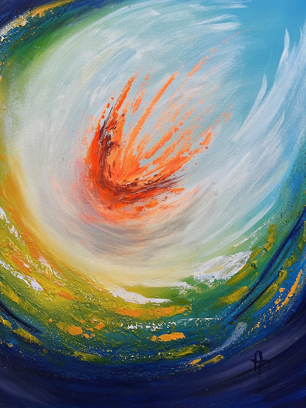 Abstrakte Darstellung eines dynamischen, orangefarbenen Aufpralls in einem Wirbel aus Blau-, Grün- und Gelbtönen