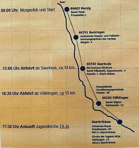 Karte mit Route von Merzig über Beckingen, Saarlouis, Völklingen bis Saarbrücken mit Zeitangaben für Start, Zwischenstopps und Ankunft
