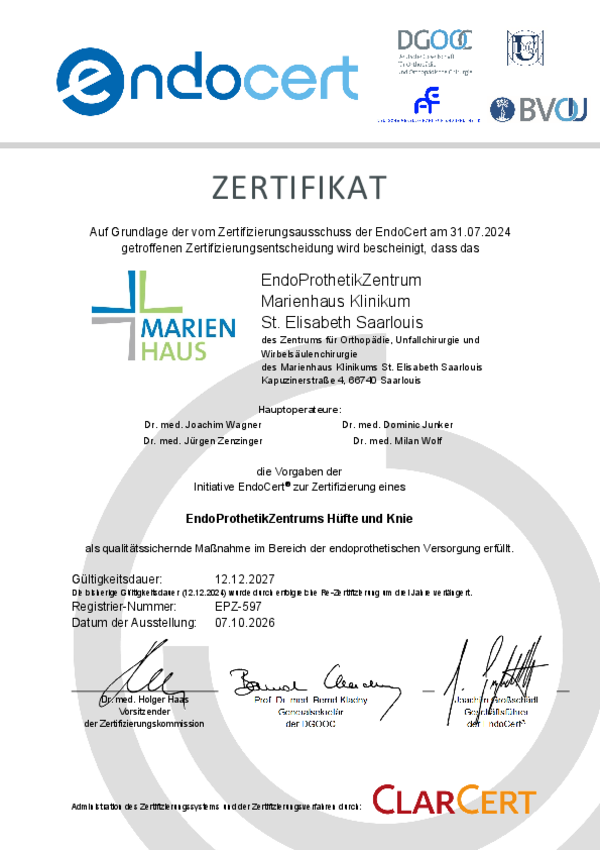 Zertifikat für EndoProthetikZentrum Marienhaus Klinikum St. Elisabeth Saarlouis
