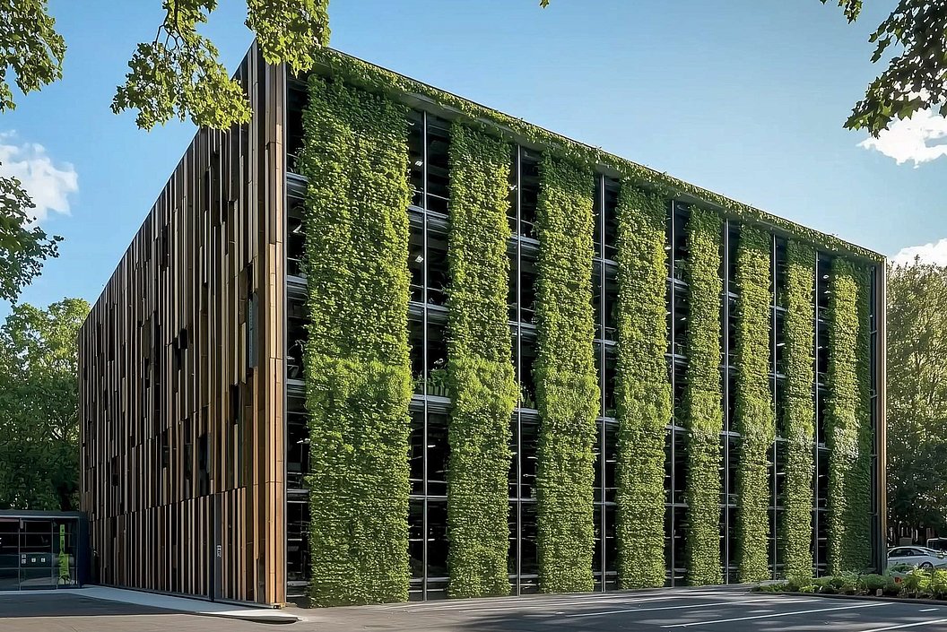 Modernes Gebäude mit vertikalen Gärten an der Fassade, Holzverkleidung und großen Fenstern, umgeben von Bäumen.